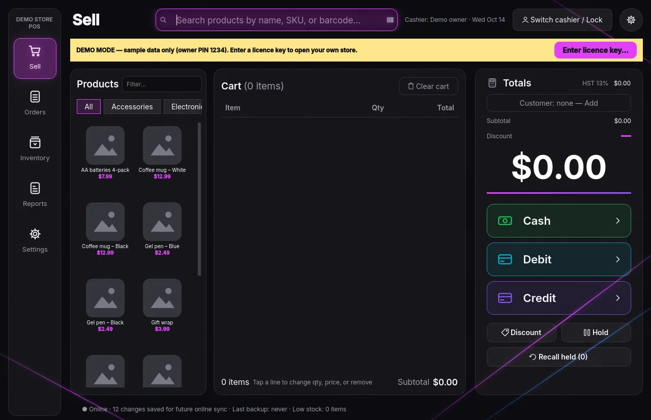 Demo mode — A separate sample store. Your real data is never touched.