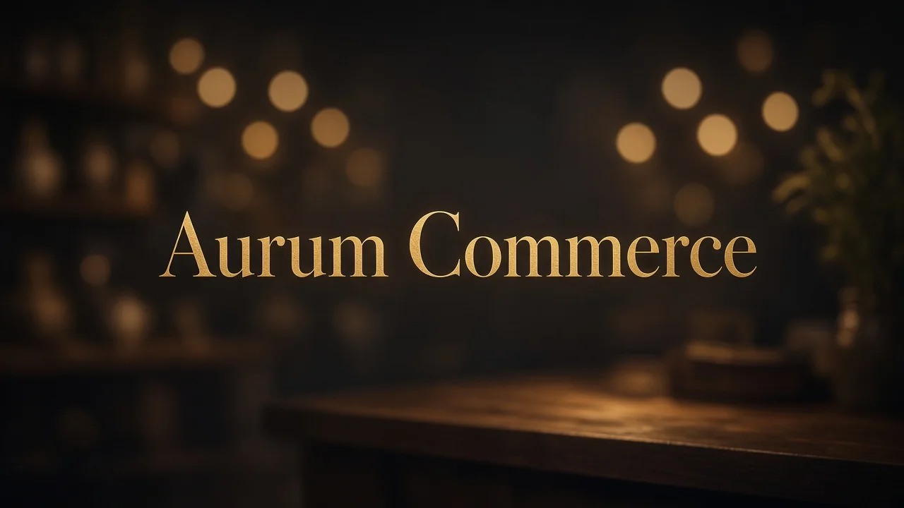 Aurum Commerce in gold lettering over a warmly lit shop counter