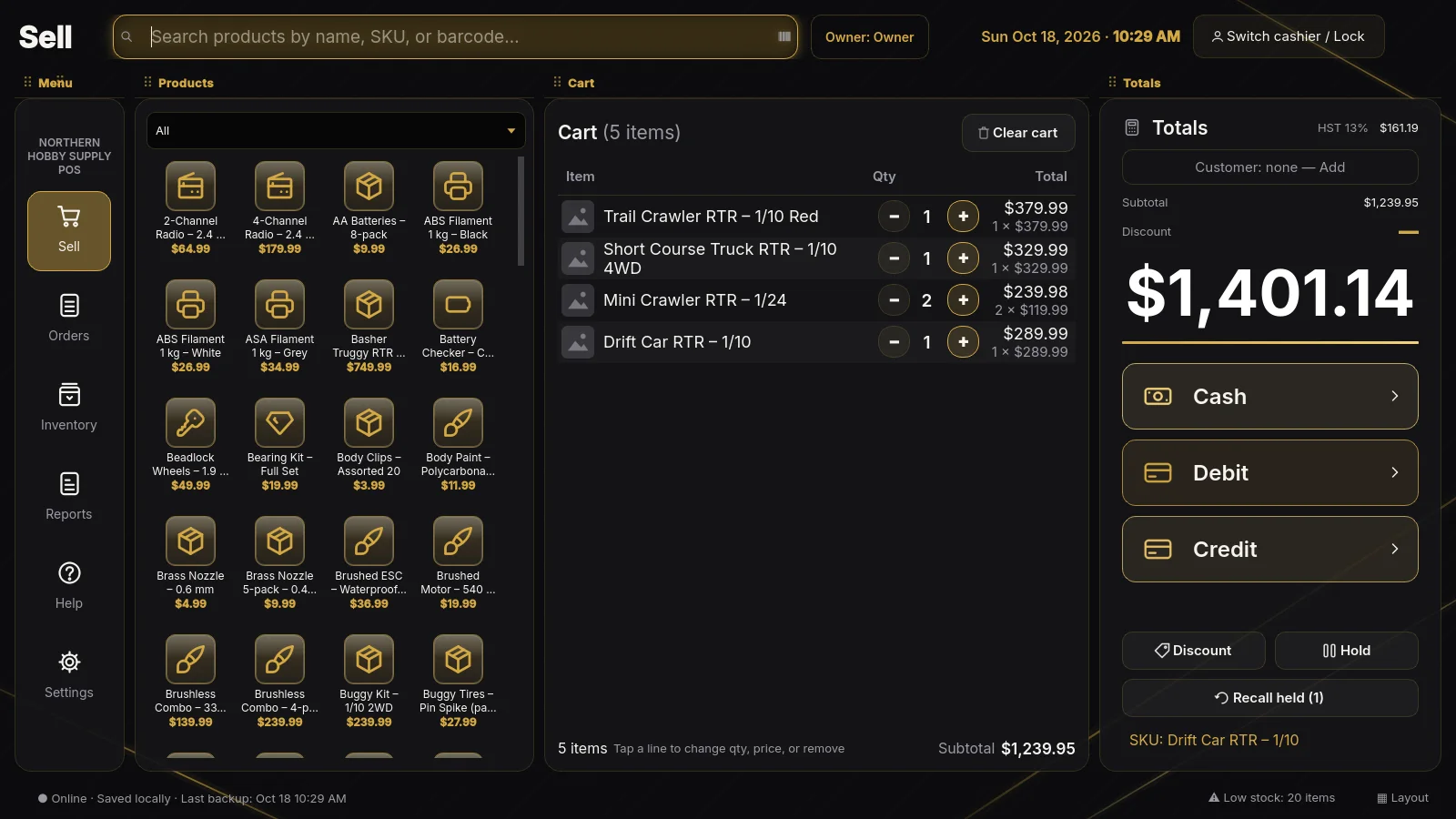 The Aurum Commerce sell screen, showing the cart and payment buttons