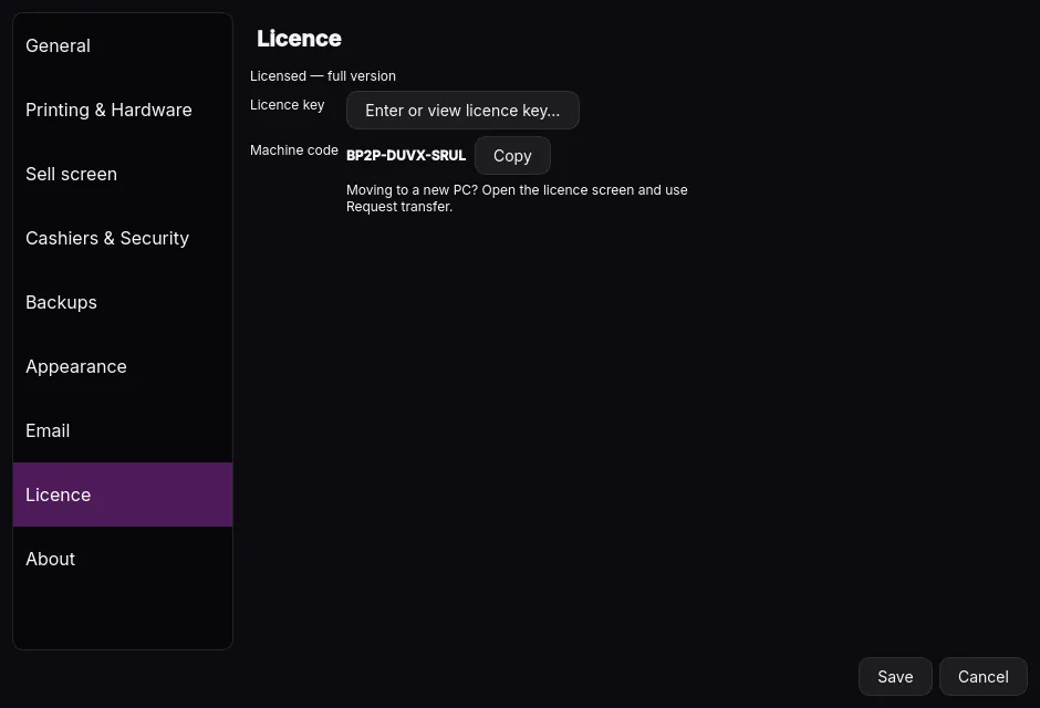 Licence — Edition, Machine code and Request transfer.
