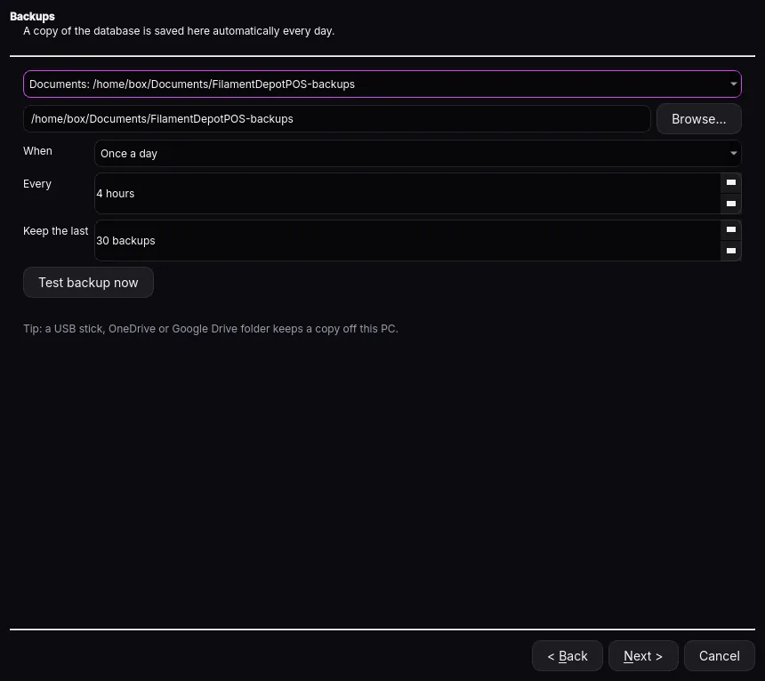 Setup wizard: Backups