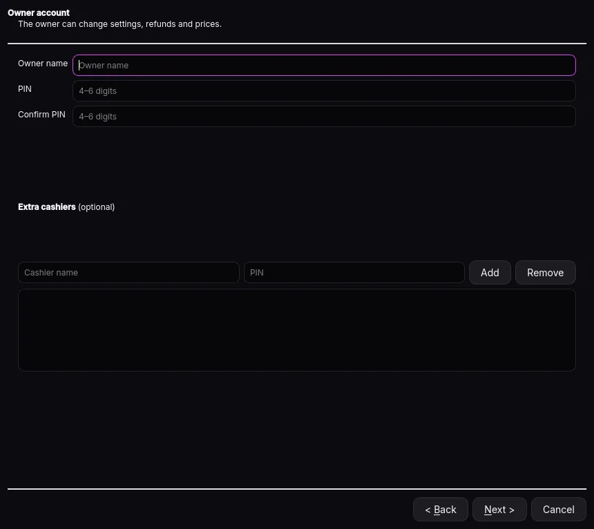 Setup wizard: Owner & cashiers