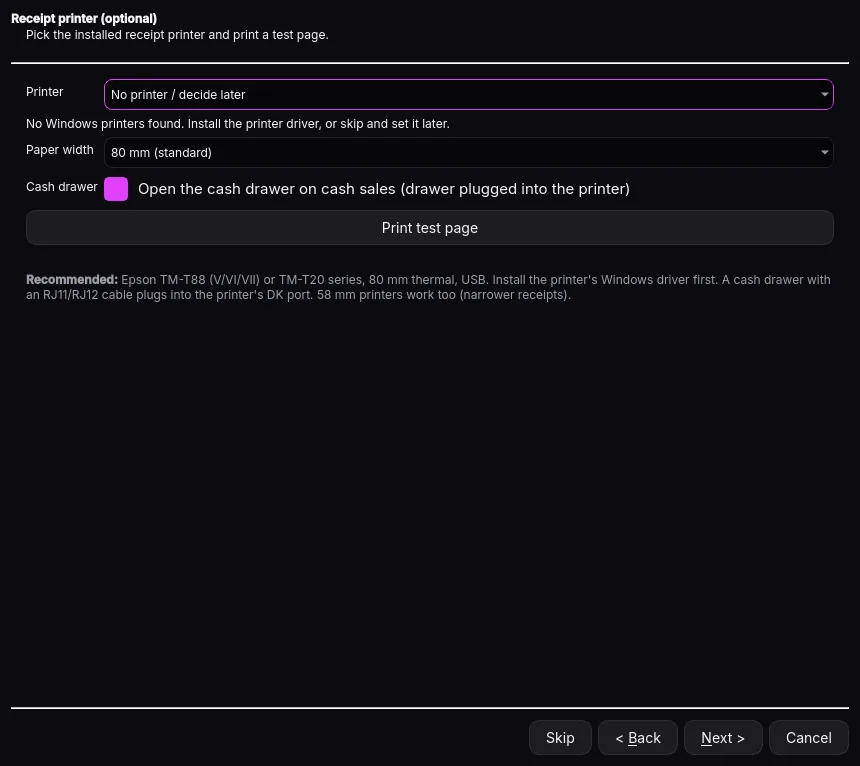 Setup wizard: Receipt printer
