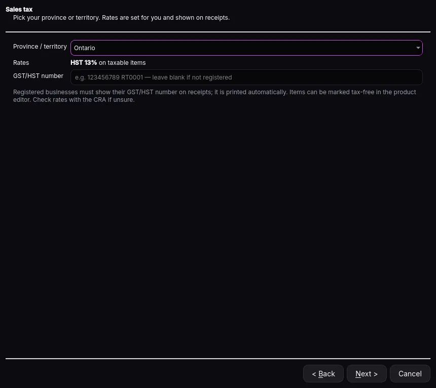 Setup wizard: Sales tax